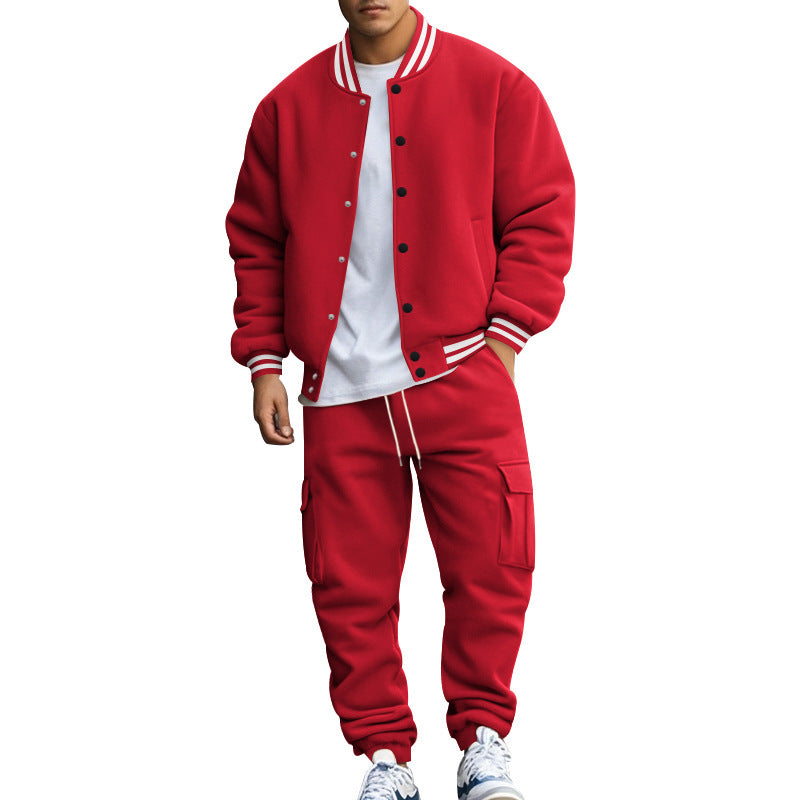 Stand Collar Baseball Uniform Trousers Fleece-lined Casual Coat Sports Suit