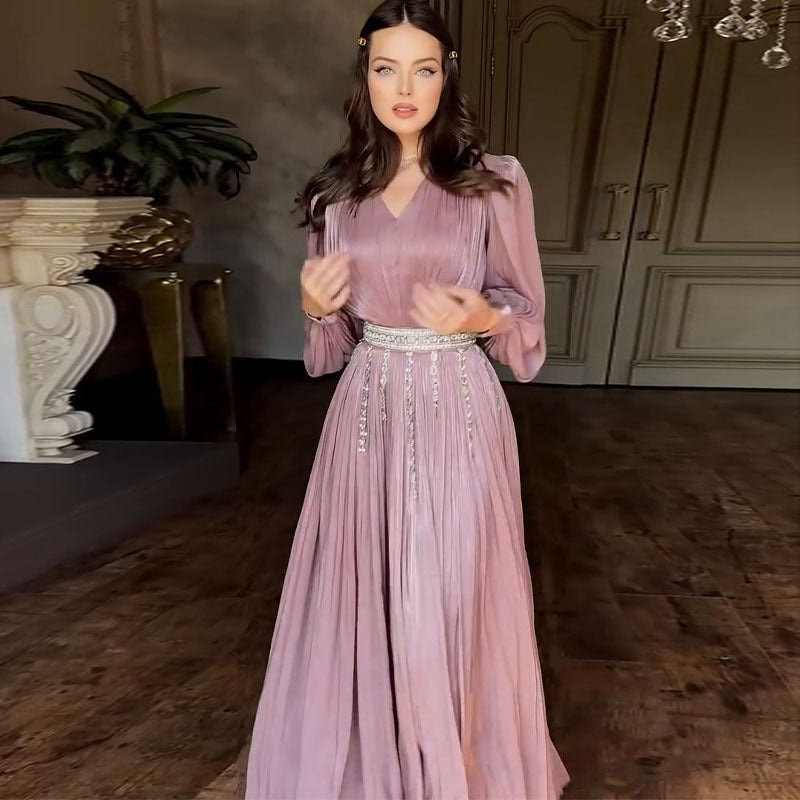 Fashion V-neck Pleated Tulle Long Sleeve Big Hem Dress