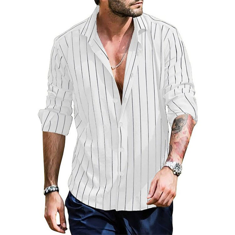 Fall Winter Men Striped Lapel Cardigan Striped Long Sleeve Shirt