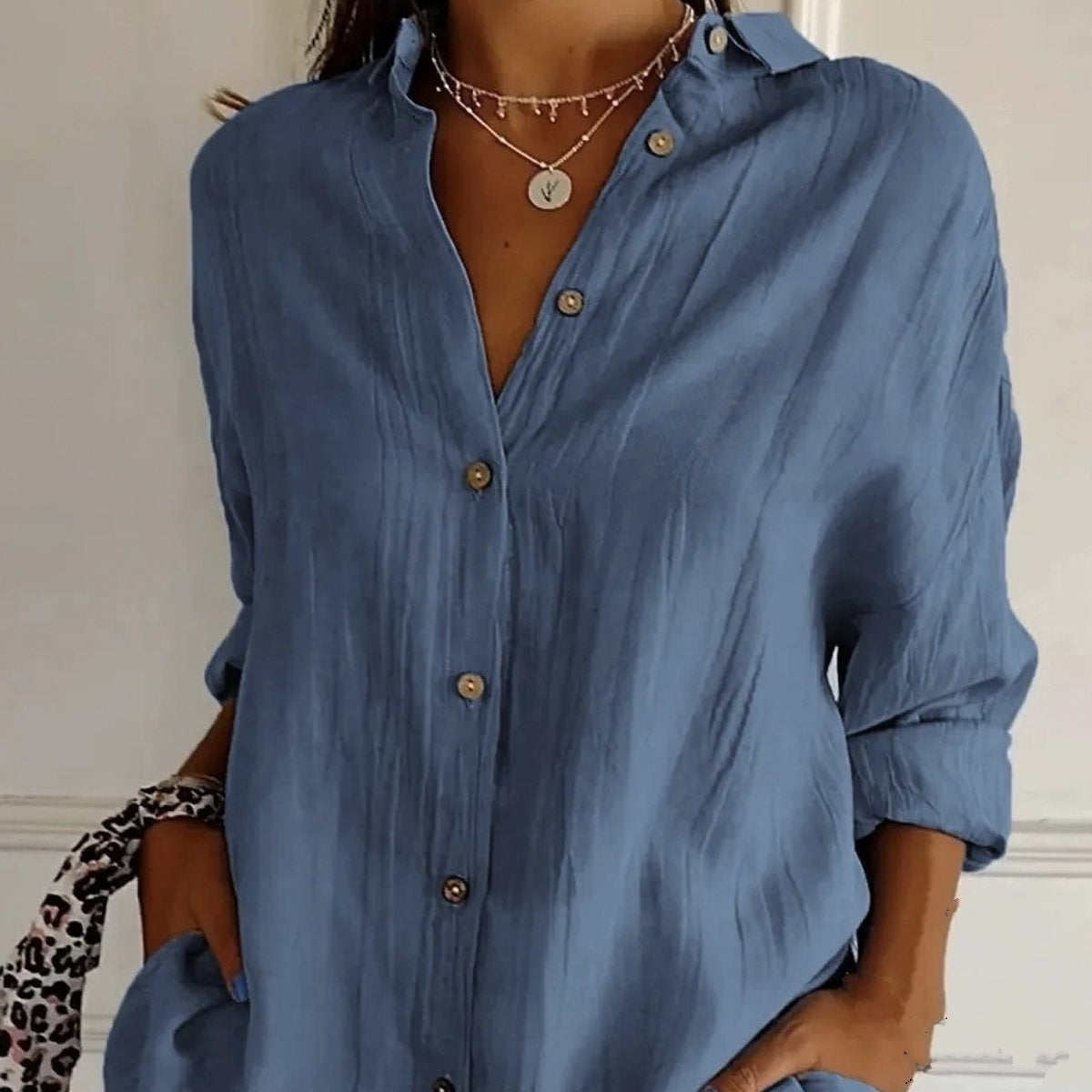 Women's Solid Color Loose, Comfortable, Simple And Versatile Lapel Long Sleeved Shirt Top